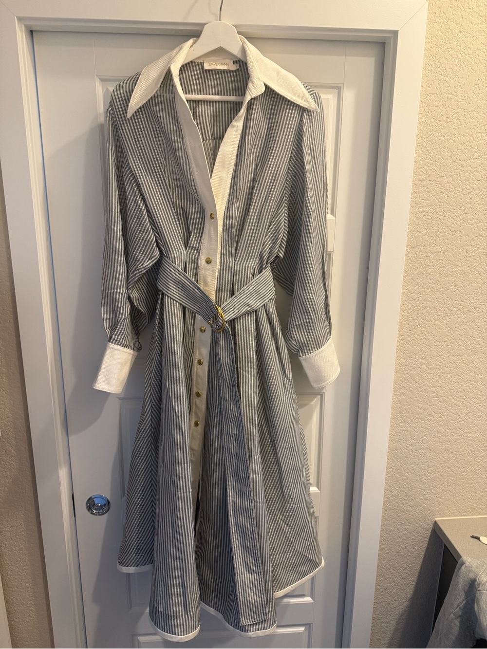 Zimmermann Cream & Gray Striped Midi Shirt Dress with Belt - Picture 2 of 5